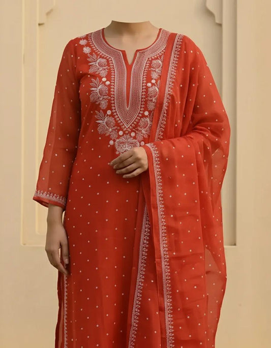 Nazaarat Mulchanderi Semistitched Orange Suit With Swarovski Pearl Work