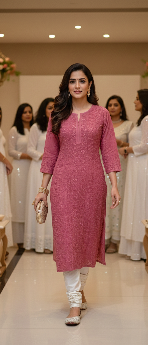 Resham Viscose Georgette Kurta In Rose Pink Color