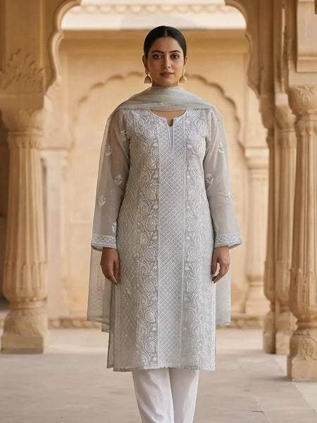 Organza Chikankari Unstitched Suit Set