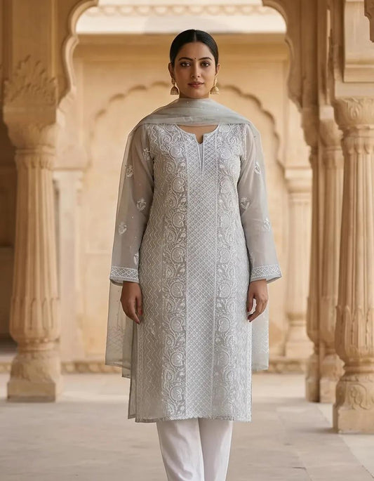 Organza Chikankari Unstitched Suit Set