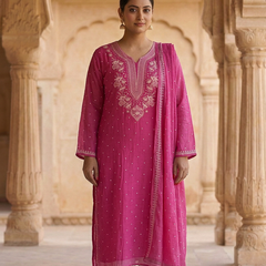 Nazaarat Mulchanderi Semistitched Pink Suit With Swarovski Pearl Work