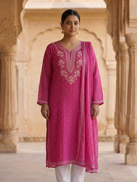 Nazaarat Mulchanderi Semistitched Pink Suit With Swarovski Pearl Work