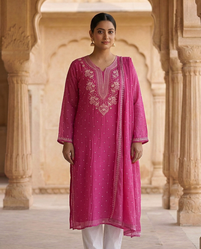 Nazaarat Mulchanderi Semistitched Pink Suit With Swarovski Pearl Work