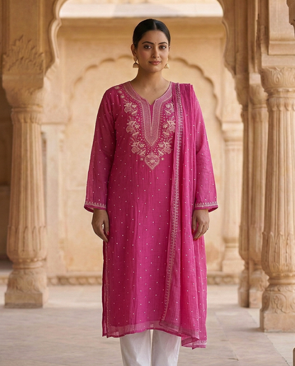 Nazaarat Mulchanderi Semistitched Pink Suit With Swarovski Pearl Work
