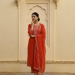Nazaarat Mulchanderi Semistitched Orange Suit With Swarovski Pearl Work