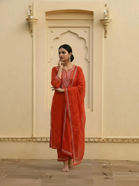 Nazaarat Mulchanderi Semistitched Orange Suit With Swarovski Pearl Work