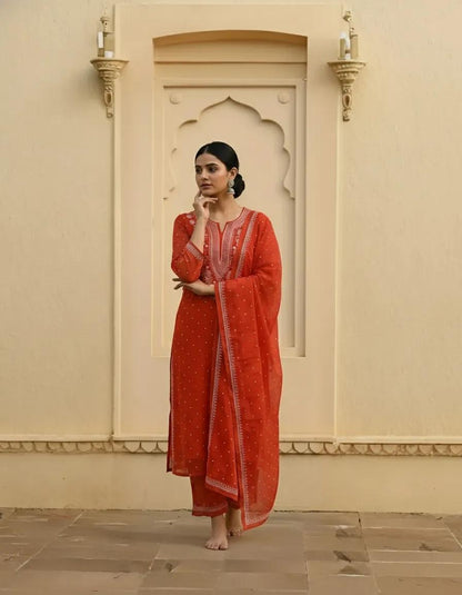 Nazaarat Mulchanderi Semistitched Orange Suit With Swarovski Pearl Work