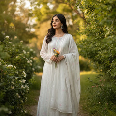 White Semistitched Anarkali Kurta Dupatta Set With Multicolored Kali's