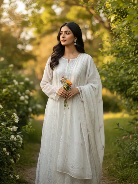 White Semistitched Anarkali Kurta Dupatta Set With Multicolored Kali's