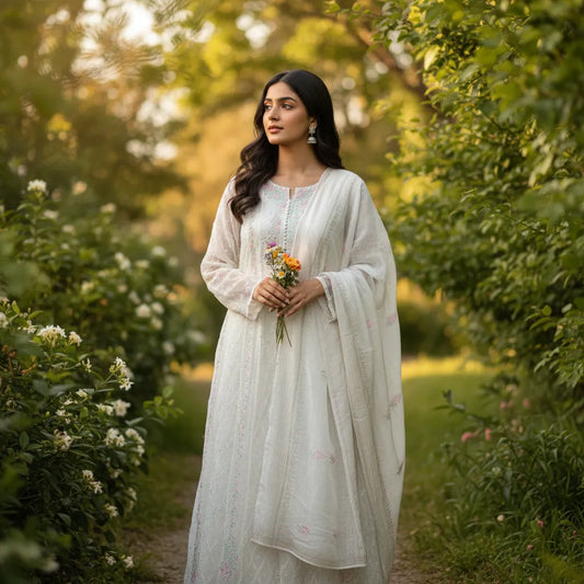 White Semistitched Anarkali Kurta Dupatta Set With Multicolored Kali's