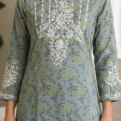 Green Mulmul Dori Sleeves Kurti Set