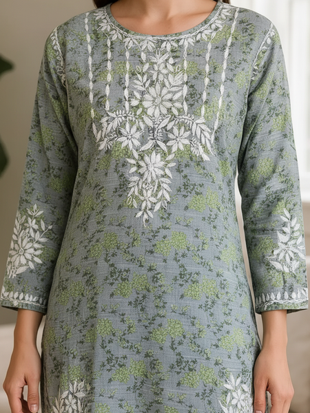 Green Mulmul Dori Sleeves Kurti Set