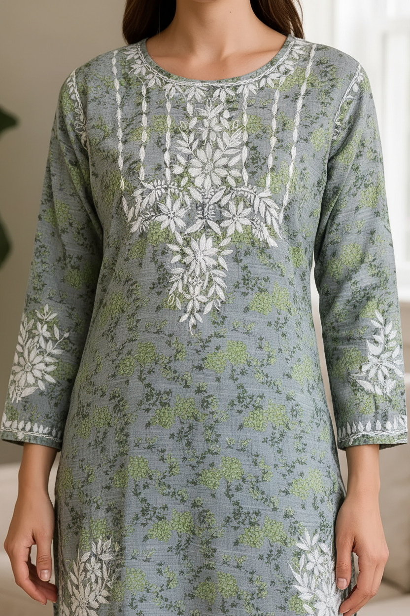 Green Mulmul Dori Sleeves Kurti Set