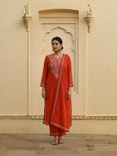 Nazaarat Mulchanderi Semistitched Orange Suit With Swarovski Pearl Work