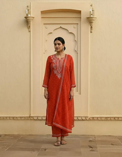 Nazaarat Mulchanderi Semistitched Orange Suit With Swarovski Pearl Work
