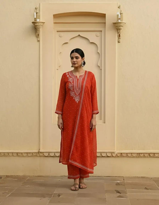 Nazaarat Mulchanderi Semistitched Orange Suit With Swarovski Pearl Work