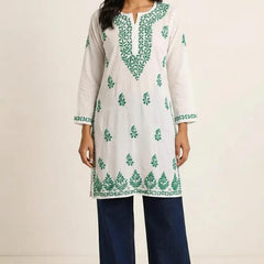 White with Dark Green Embroidery Rayon Long Kurti