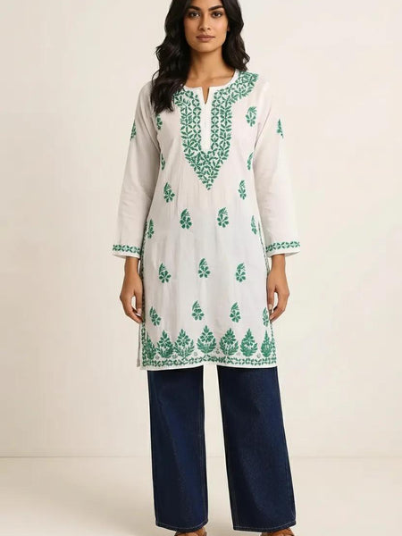 White with Dark Green Embroidery Rayon Long Kurti