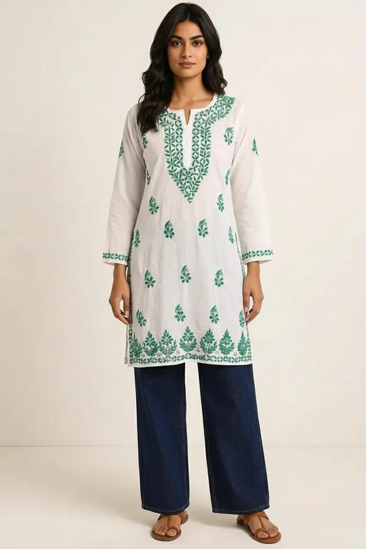White with Dark Green Embroidery Rayon Long Kurti