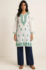 White with Dark Green Embroidery Rayon Long Kurti