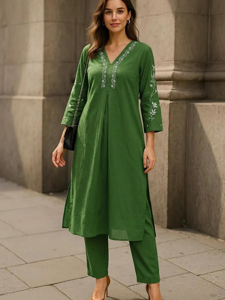 Dark Green Readymade Cotton Co-ord Set