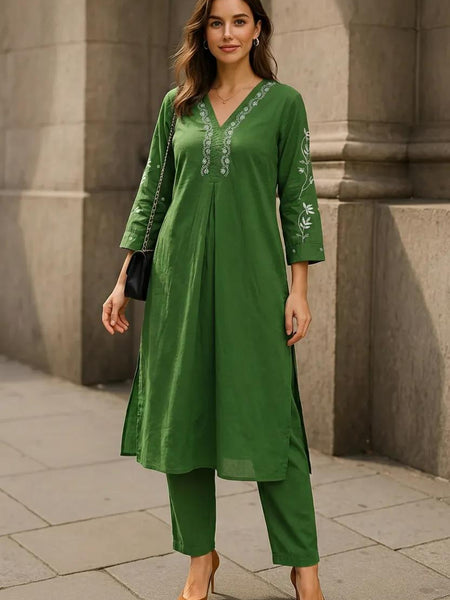 Dark Green Readymade Cotton Co-ord Set