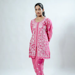 Green Pink Muslin Co-ord Set With Ghaspatti Chikankari Work