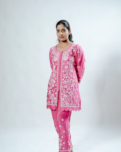 Green Pink Muslin Co-ord Set With Ghaspatti Chikankari Work