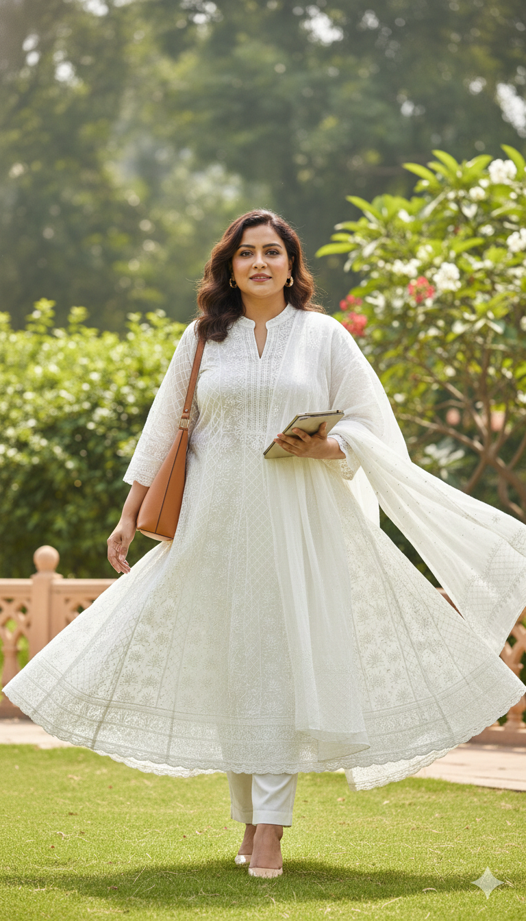 Semistitched White Chikankari Katdana Anarkali Suit Set