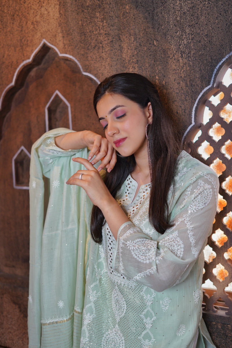 Pantone Pastel Green Mukaish Chikankari Suit Set