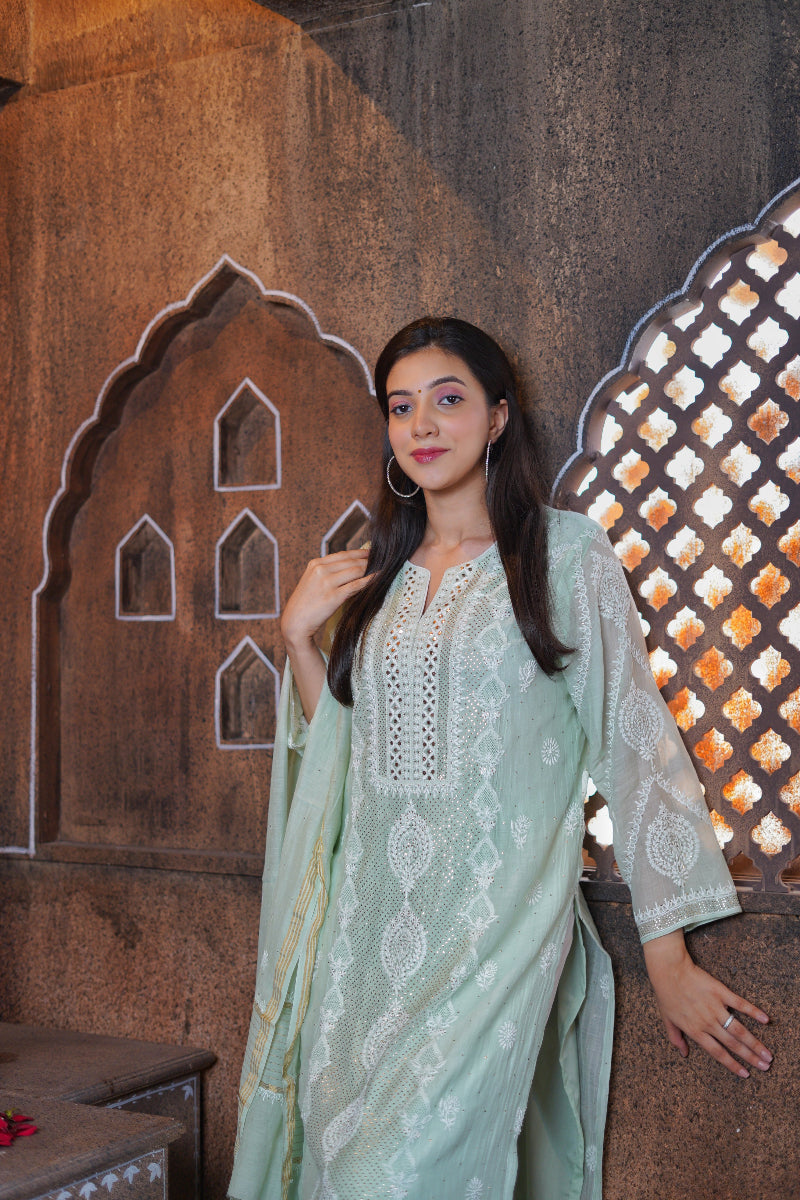 Pantone Pastel Green Mukaish Chikankari Suit Set
