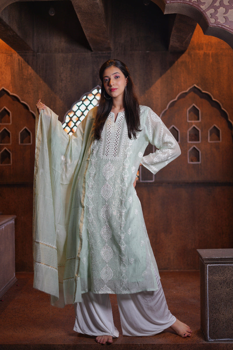 Pantone Pastel Green Mukaish Chikankari Suit Set