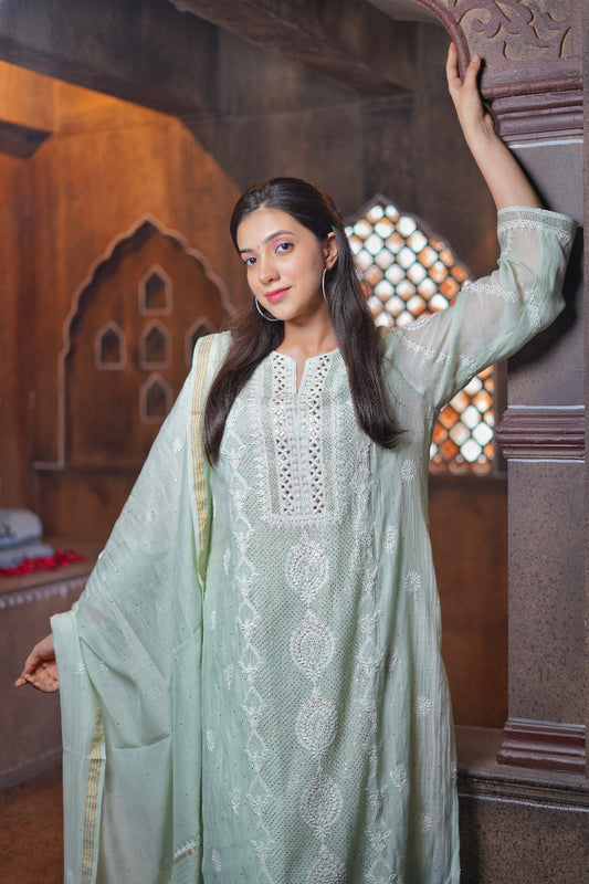 Pantone Pastel Green Mukaish Chikankari Suit Set