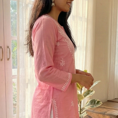 Pink Readymade Cotton Short Kurti