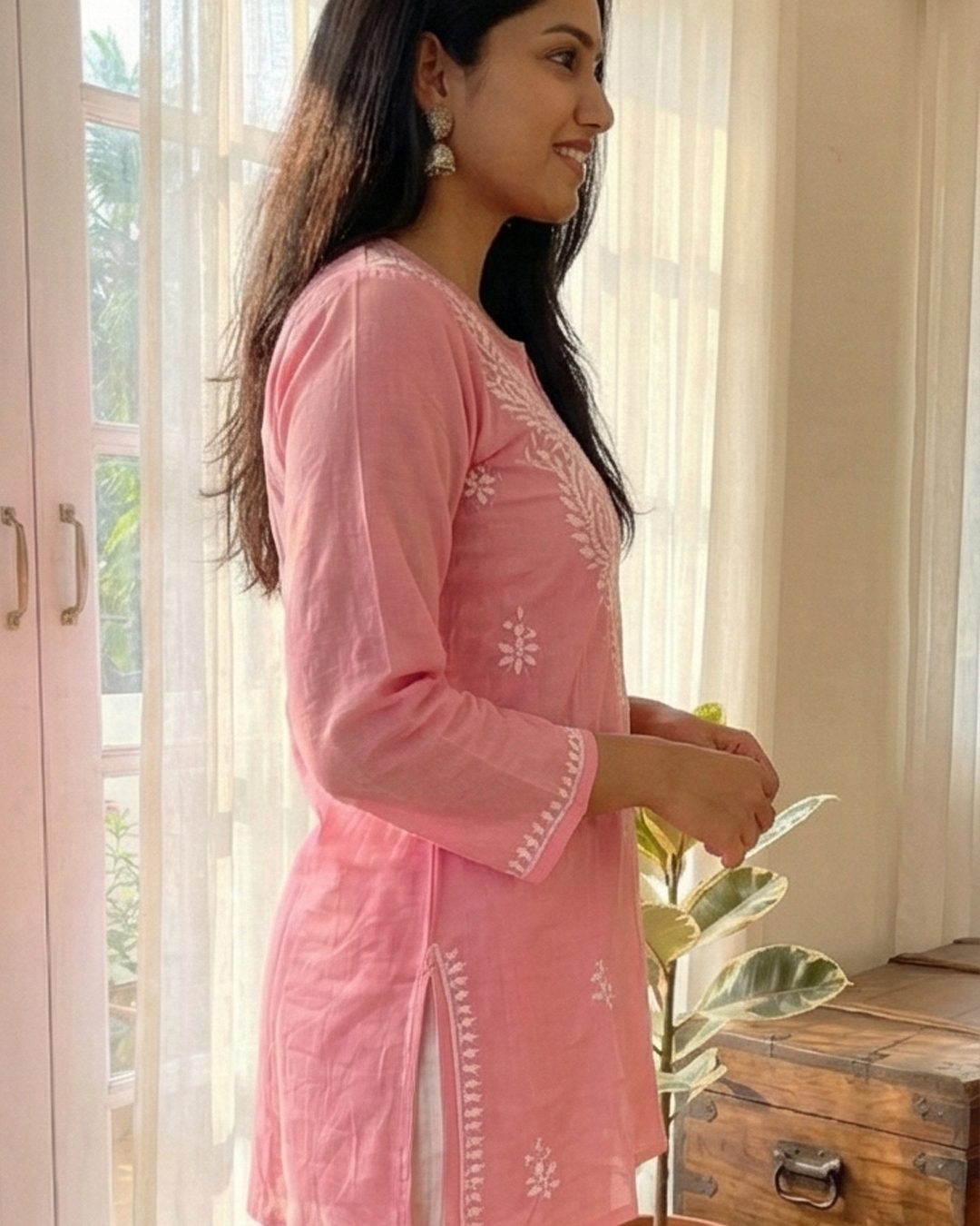Pink Readymade Cotton Short Kurti
