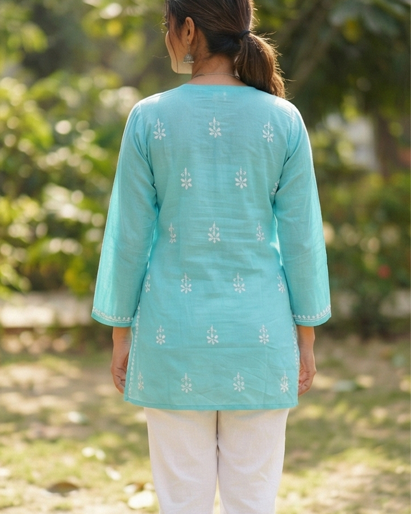 Sky Blue Readymade Cotton Short Kurti