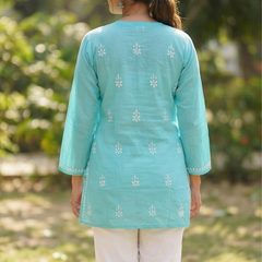 Sky Blue Readymade Cotton Short Kurti