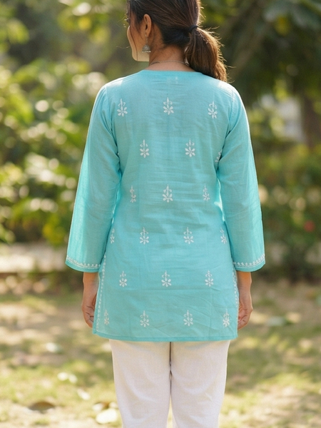 Sky Blue Readymade Cotton Short Kurti