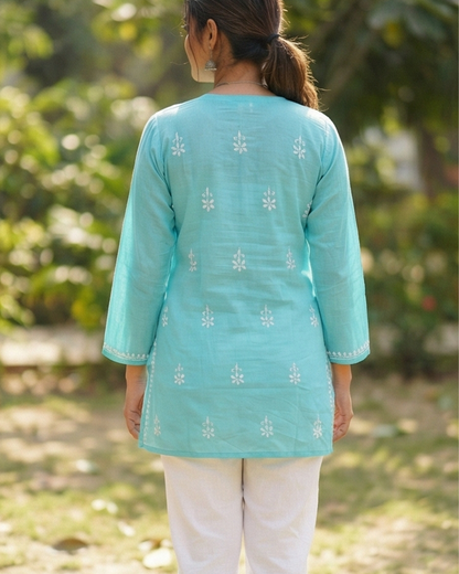 Sky Blue Readymade Cotton Short Kurti