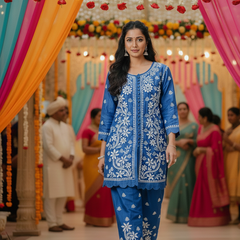 Dark Blue Muslin Co-ord Set With Ghaspatti Chikankari Work