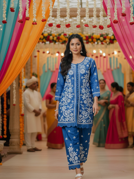 Dark Blue Muslin Co-ord Set With Ghaspatti Chikankari Work
