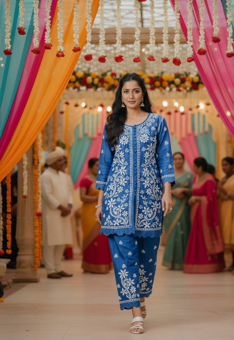 Dark Blue Muslin Co-ord Set With Ghaspatti Chikankari Work