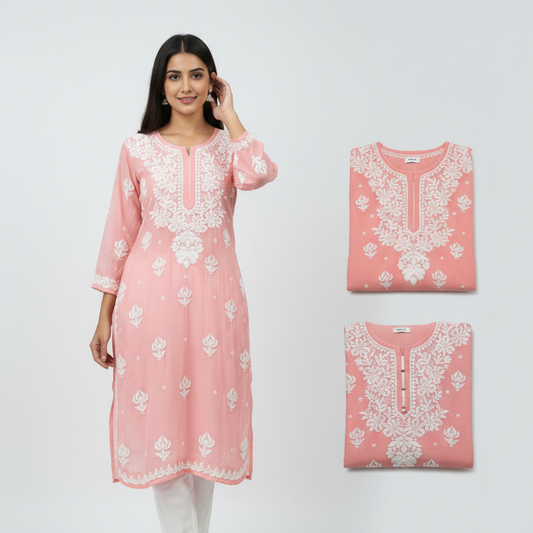 Peach Viscose Georgette Chikankari Readymade Kurta