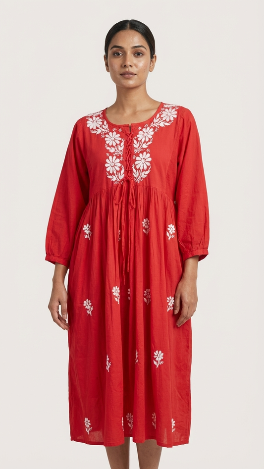 Readymade Cotton Red Dress - Freesize