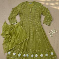 Olive Green Semistitched Georgette Anarkali With Dupatta
