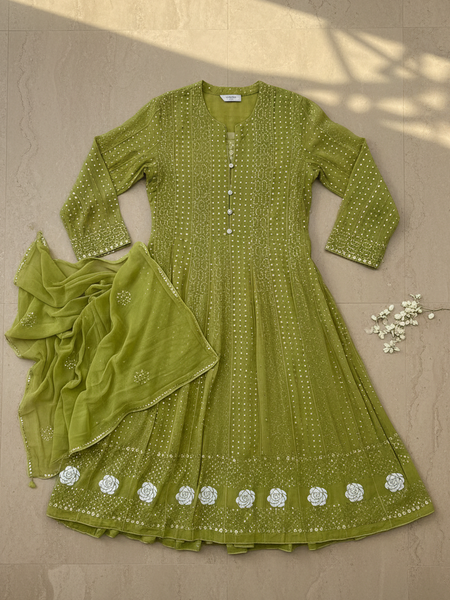 Olive Green Semistitched Georgette Anarkali With Dupatta
