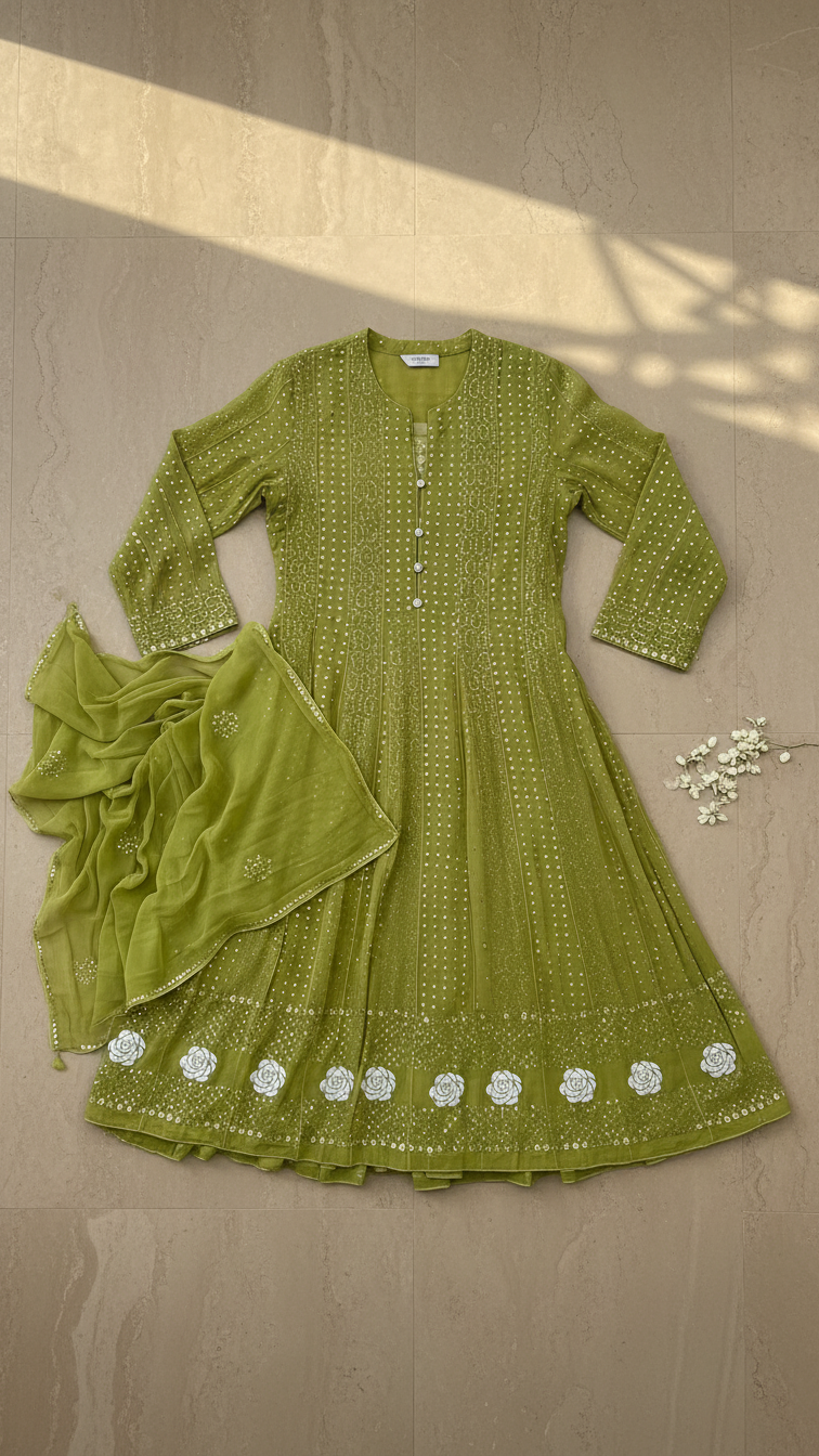 Olive Green Semistitched Georgette Anarkali With Dupatta