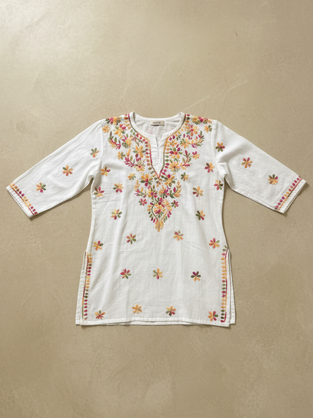 White Short Kurti With Multicolor Chikankari Work