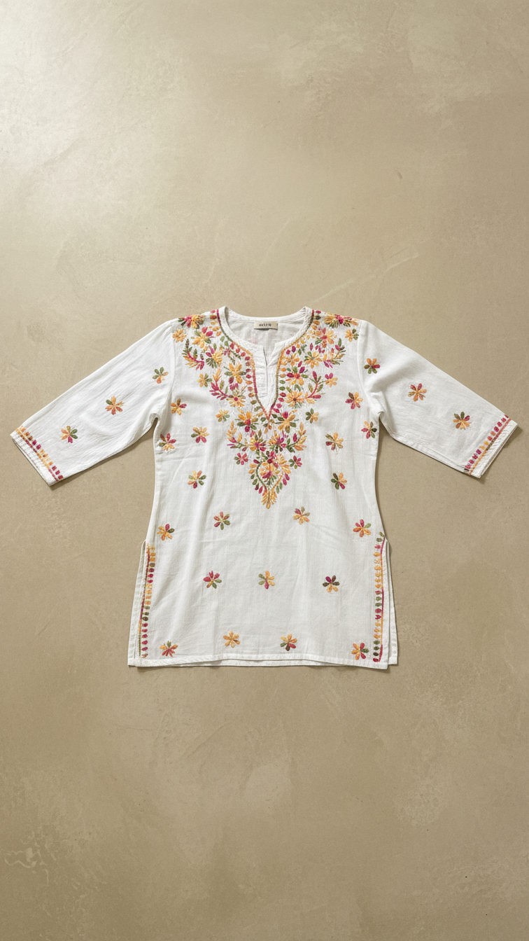 White Short Kurti With Multicolor Chikankari Work