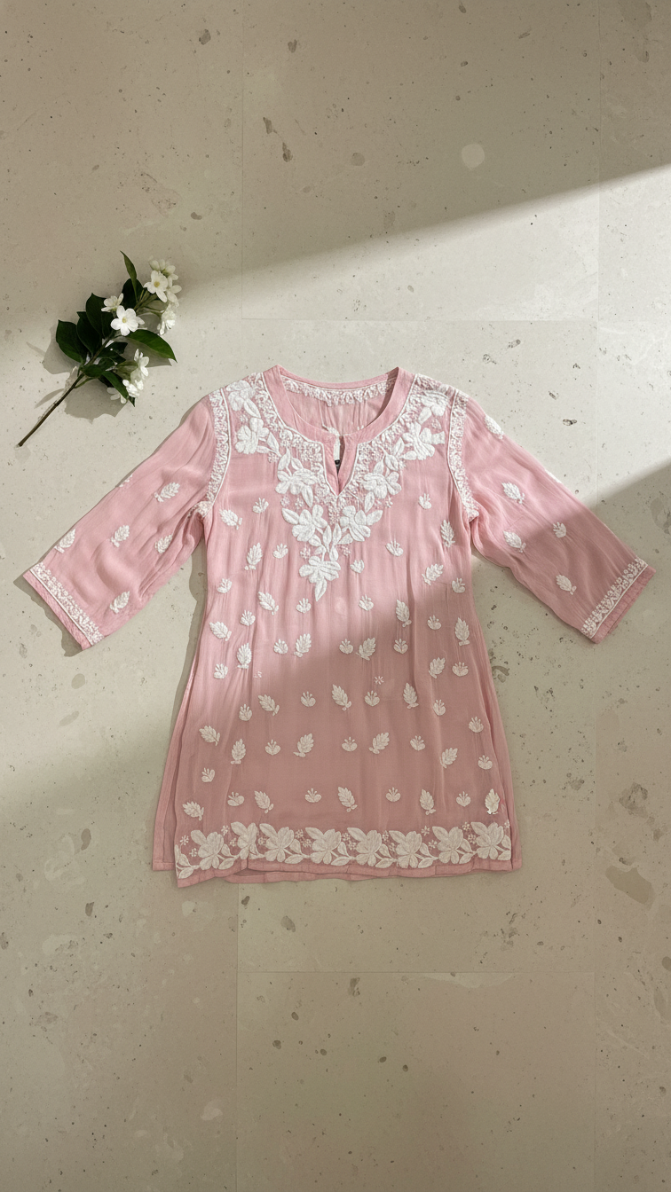 Readymade Pink Muslin Short Kurta